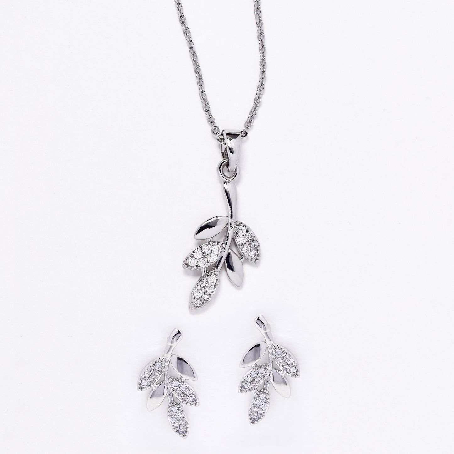 CZMST3130 - Premium brass 46cm x 1mm CZ leafy branch necklace & earrings set