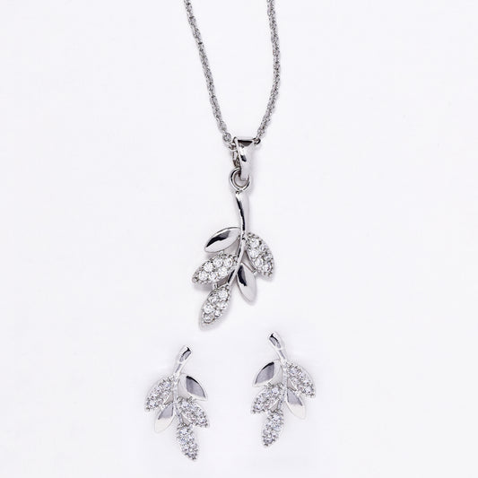 CZMST3130 - Premium brass 46cm x 1mm CZ leafy branch necklace & earrings set