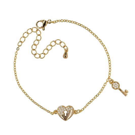 Premium cubic zirconia heart key charm bracelet Length: 16cm + 5cm extension chain charm: 9mm