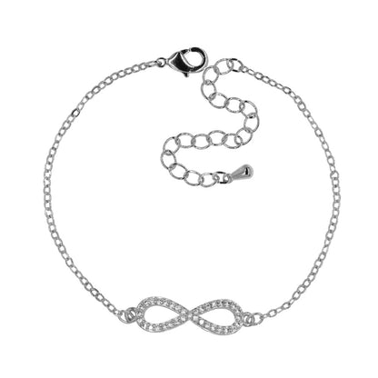Premium cubic zirconia infinity bracelet Length: 16cm + 5cm extension chain charm: length: 20mm x width : 7mm