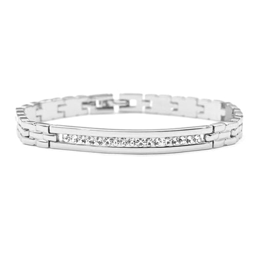 CZYB4842 - Premium brass silver plated 19cm x 6mm cubic zirconia brick strap bracelet