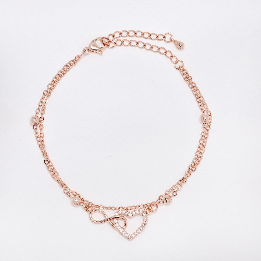 Premium rose gold interlinked heart and infinity CZ double strand bracelet