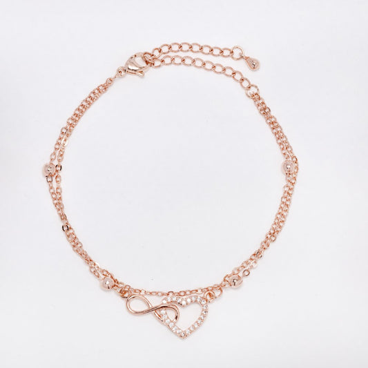 Premium rose gold interlinked heart and infinity CZ double strand bracelet