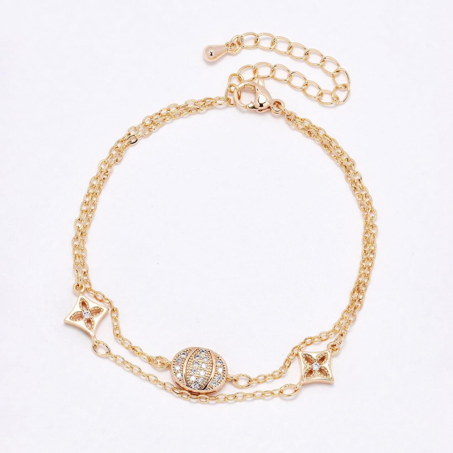 CZYB6184 - Premium brass CZ double strand cluster and flower bracelet