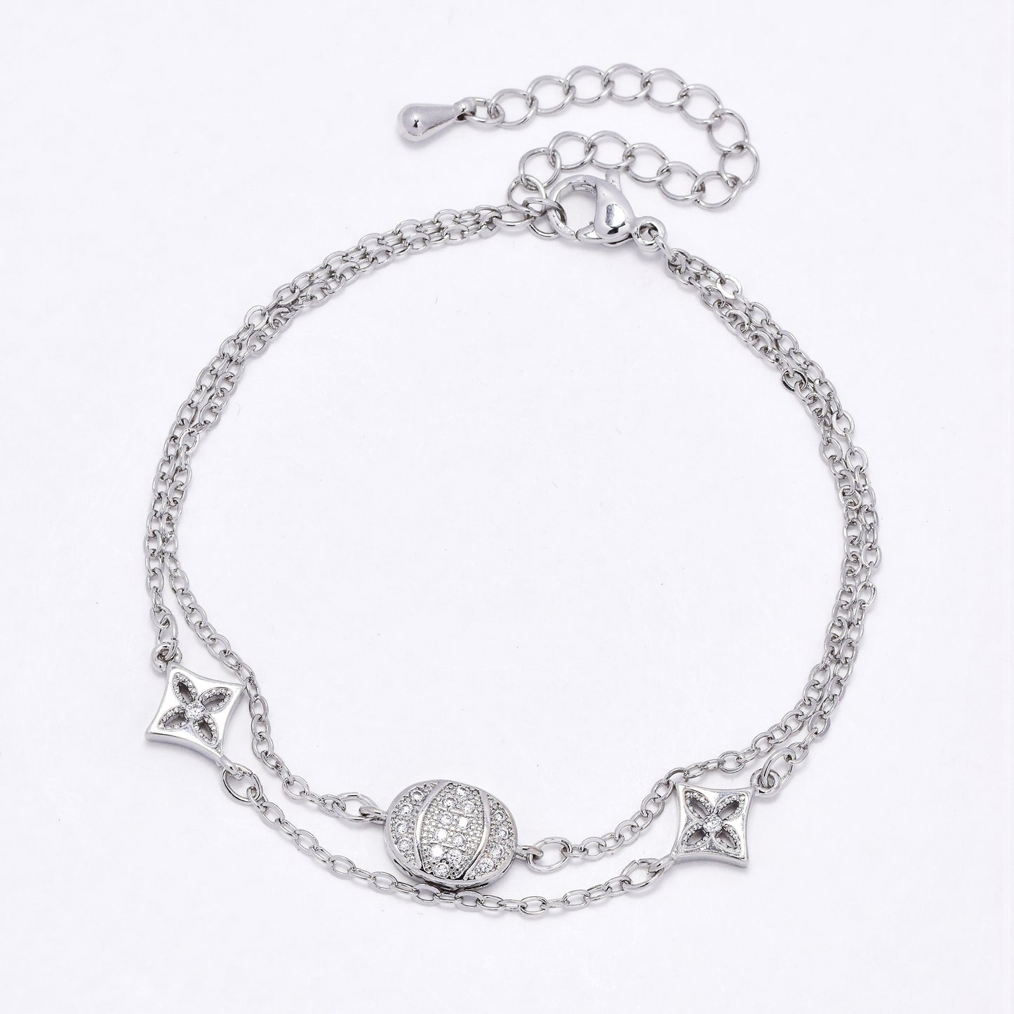 CZYB6184 - Premium brass CZ double strand cluster and flower bracelet