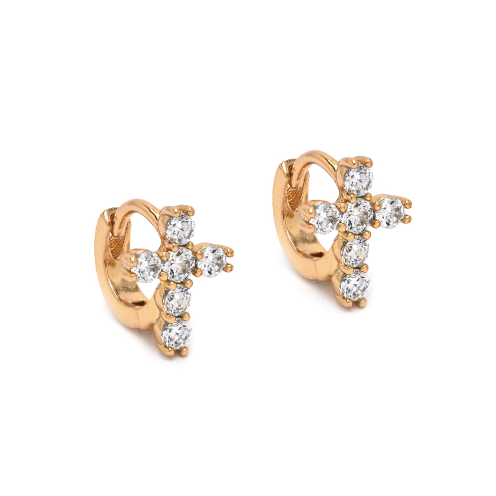 Premium gold plated cubic zirconia small cross huggie