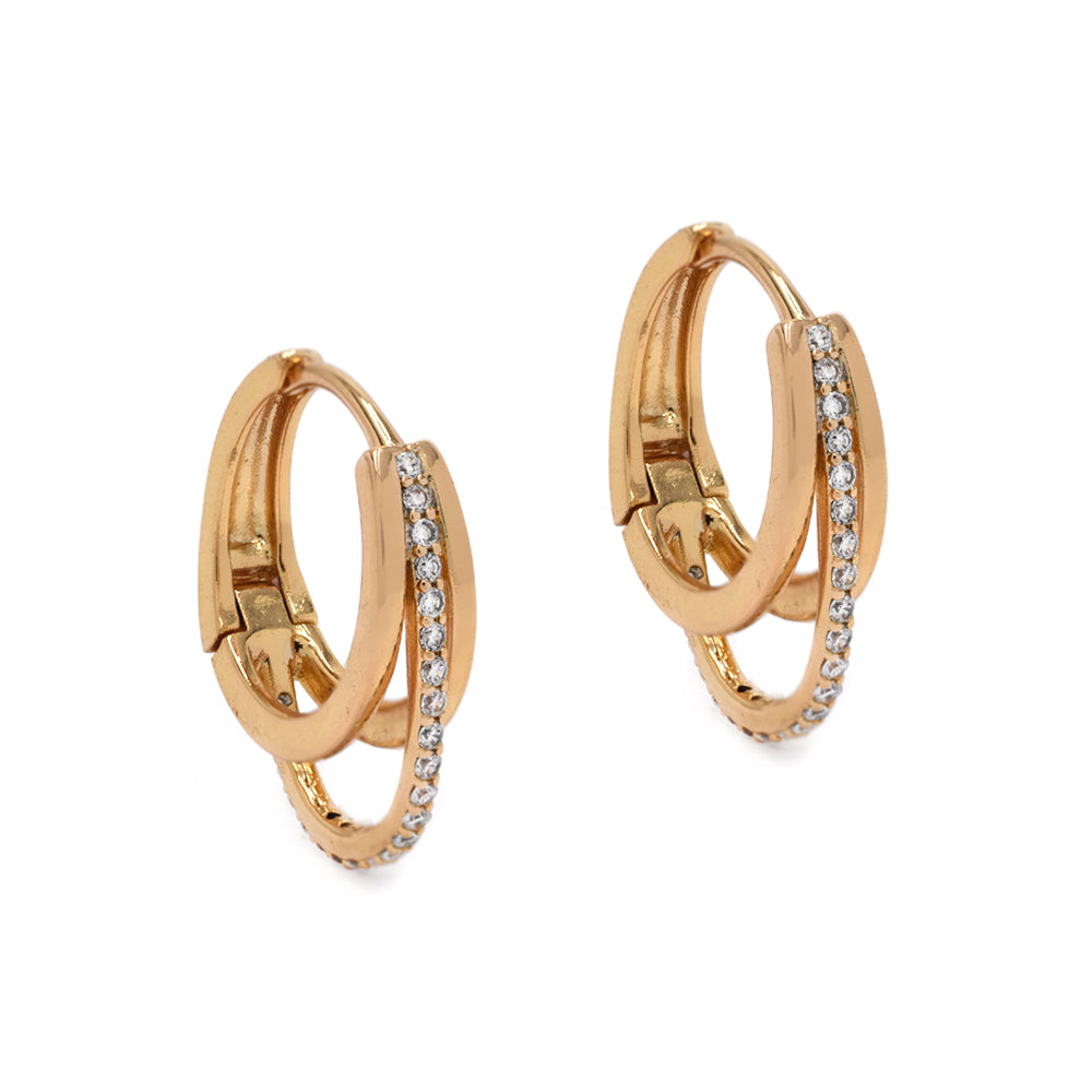 Premium gold plated cubic zirconia tall short 3 row huggie earrings