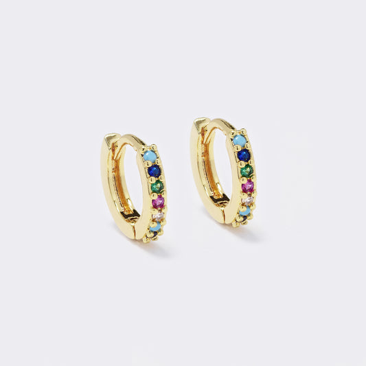 CZYE5717 - Premium brass gold plated 12x2mm round multi colour CZ hoop earrings