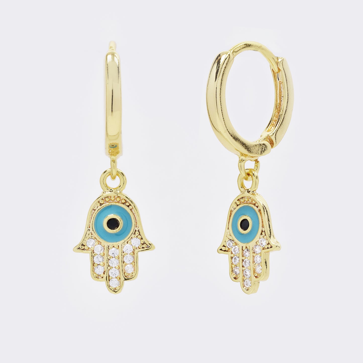 CZYE5725 - Premium brass gold plated CZ Hamsa drop earrings