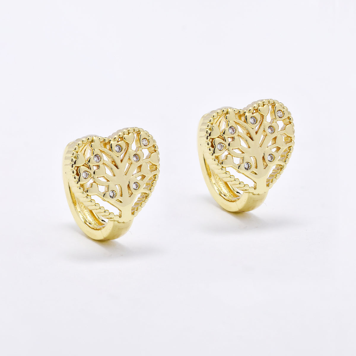 CZYE6152 - Brass 12mm CZ heart hoop earrings