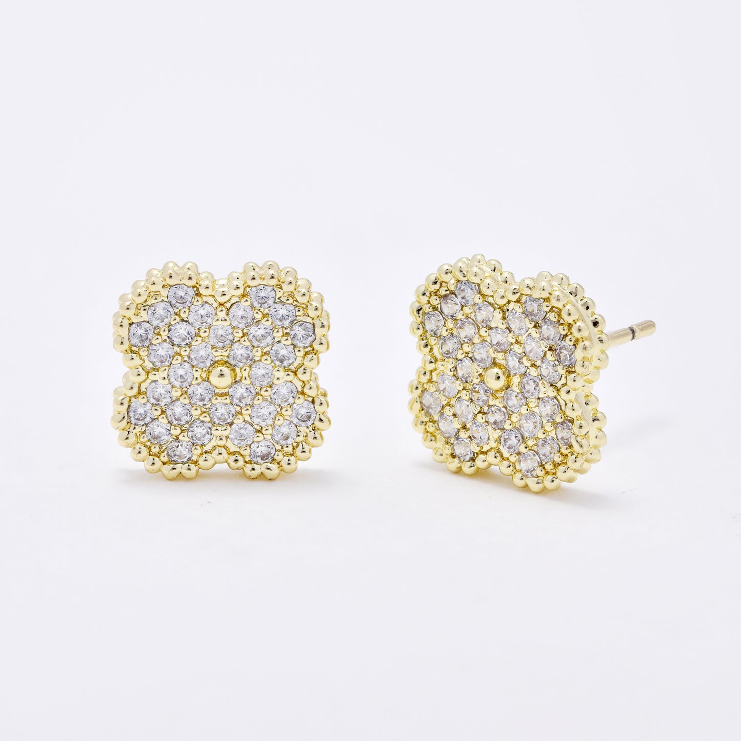 CZYE6163 - Premium brass 12mm four leaf clover CZ stud earrings