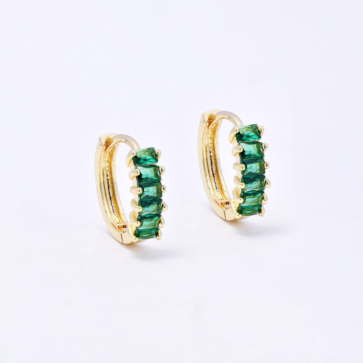 CZYE7214 - Premium brass 13mm x 4mm green CZ hoop earring