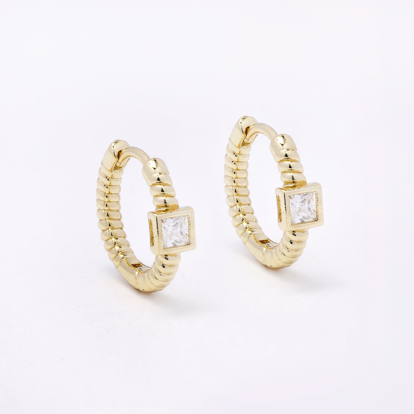 CZYE7458 - Premium brass plated 13mm x 2.2mm square CZ hoop earring