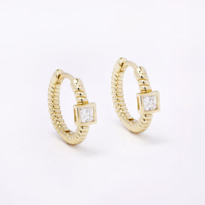 CZYE7458 - Premium brass plated 13mm x 2.2mm square CZ hoop earring
