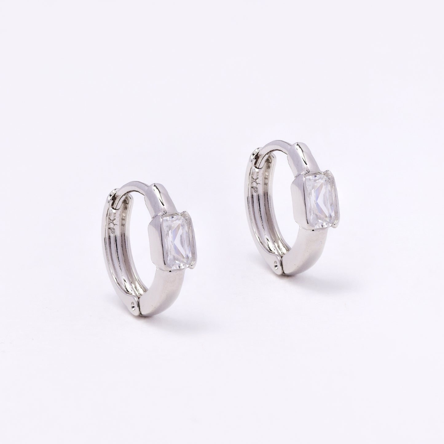 CZYE7463 - Premium brass plated 13mm x 2.5mm rectangular CZ accent hoop earring