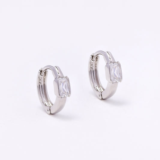 CZYE7463 - Premium brass plated 13mm x 2.5mm rectangular CZ accent hoop earring