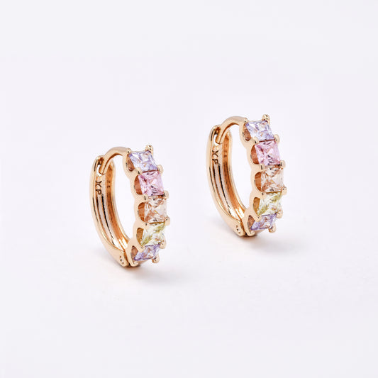 CZYE7470 - Premium brass plated 13mm x 3mm multi colour CZ hoop earring