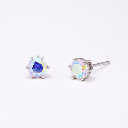 CZYE7472 - Premium brass plated 5mm 6 claw iridescent CZ stud earring