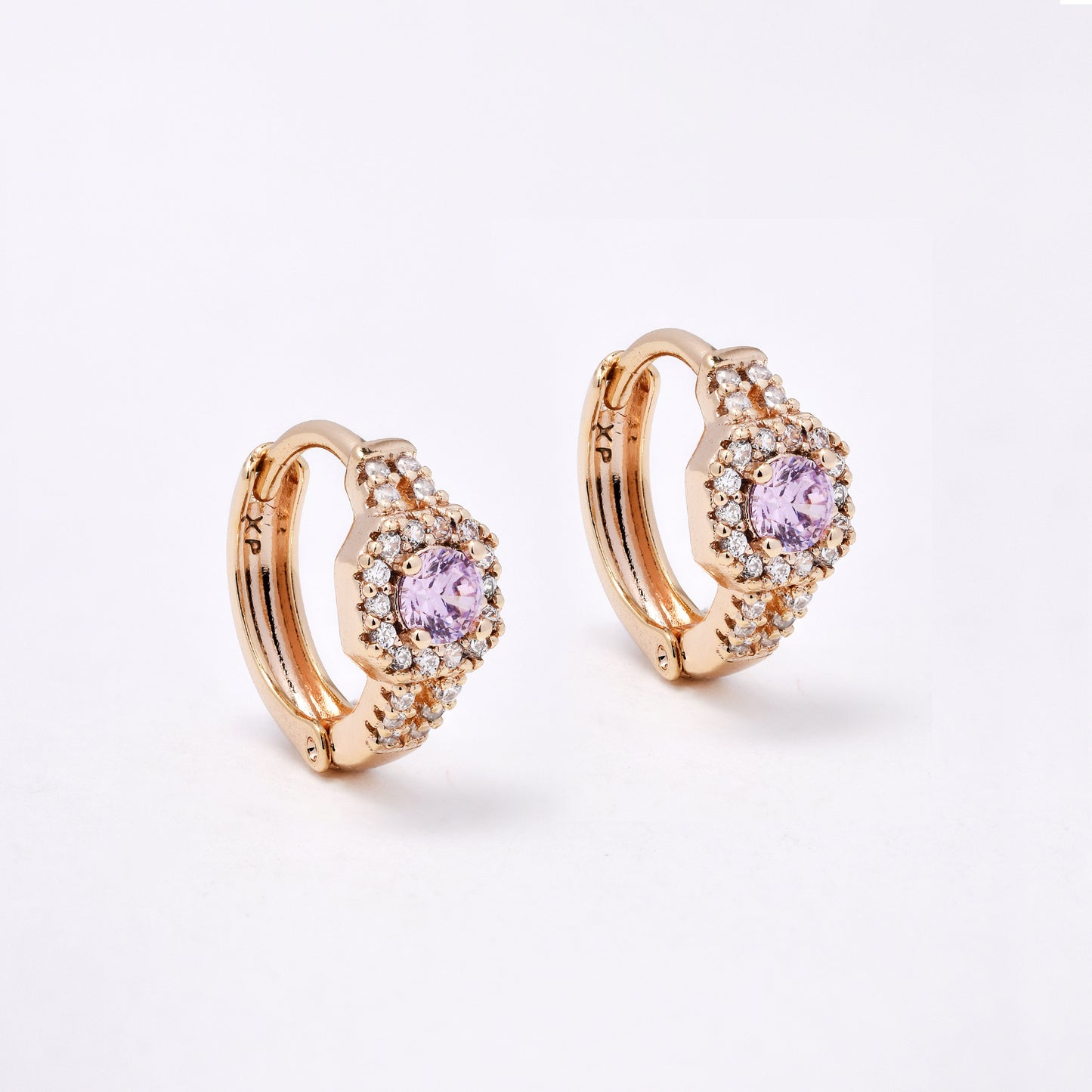 CZYE7478 - Premium brass plated 13mm pink & clear halo CZ hoop earring