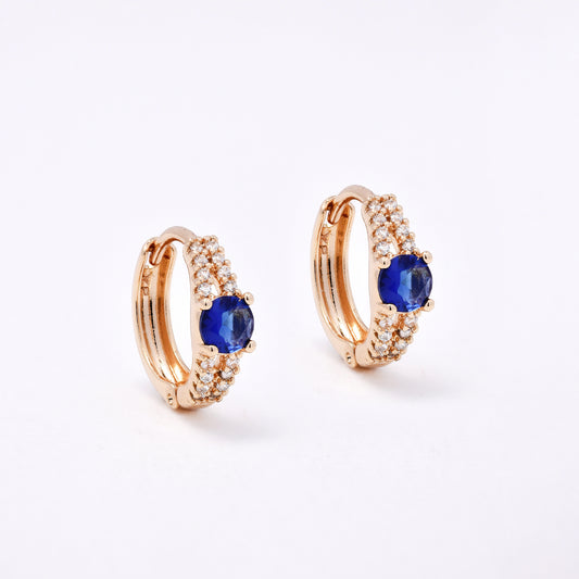 CZYE7482 - Premium brass plated 14mm blue CZ eccent hinged hoop earring
