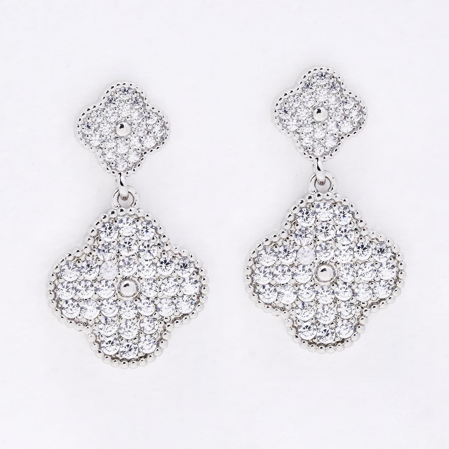 CZYE7494 - Premium brass 23mm x 13mm CZ four-leaf clover drop earrings