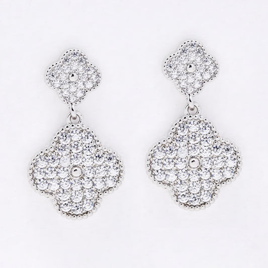 CZYE7494 - Premium brass 23mm x 13mm CZ four-leaf clover drop earrings