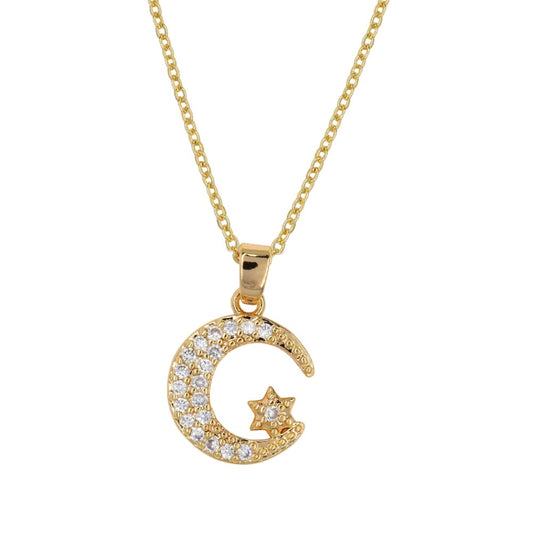 Premium cubic zirconia pave moon and star necklace