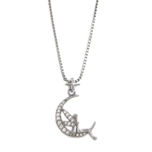 Premium cubic zirconia fairy on moon pendant necklace