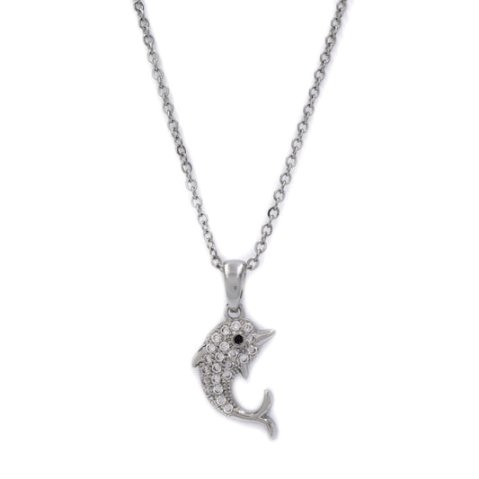 CZYN4489 - Premium brass silver cubic zirconia encrusted dolphin necklace