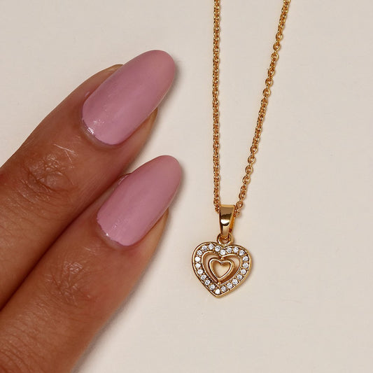 CZYN4846 - Premium brass gold plated cubic zirconia double heart necklace