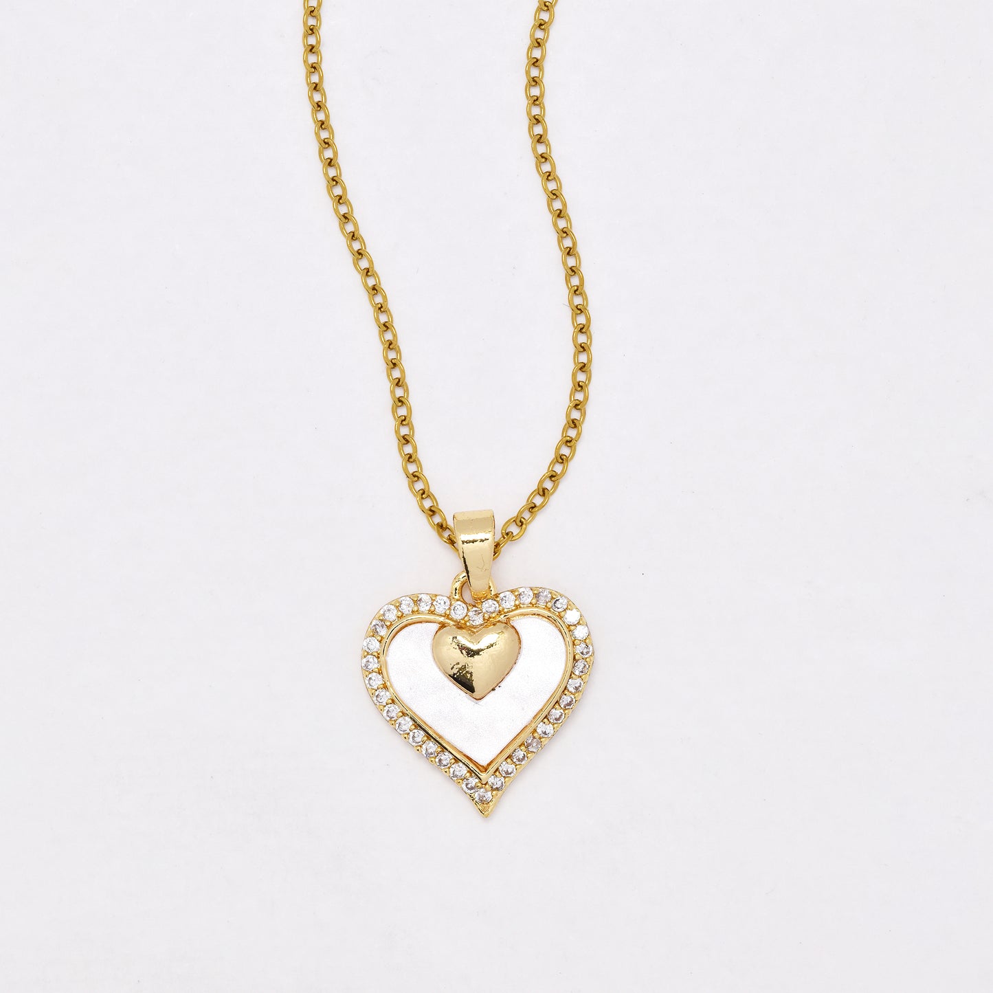 CZYN6401 - S Steel 41cm + 5cm - Premium brass CZ and mother of pearl heart necklace