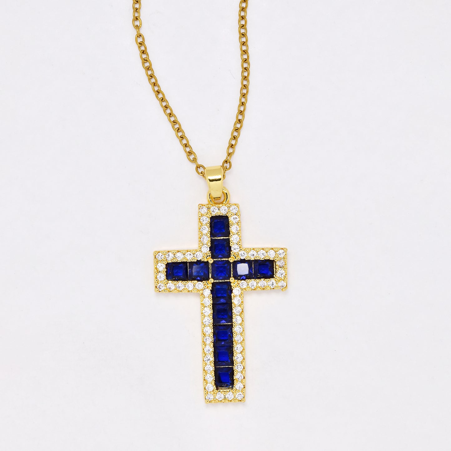 CZYN6406 - S Steel 41cm + 5cm blue and clear - Premium brass CZ cross necklace