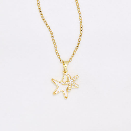 CZYN6473 - Premium brass 40cm + 5cm CZ double starfish necklace