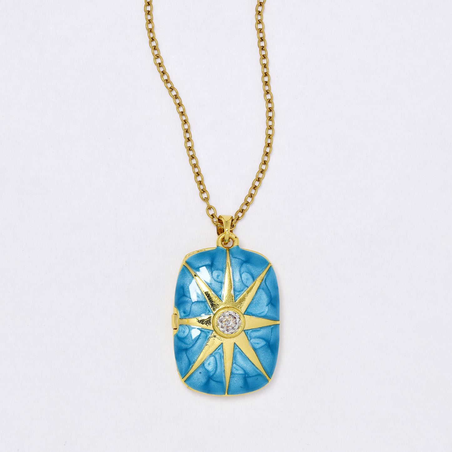 CZYN7302 - Premium brass 45cm + 5cm CZ & enamel 8 pointed star locket necklace
