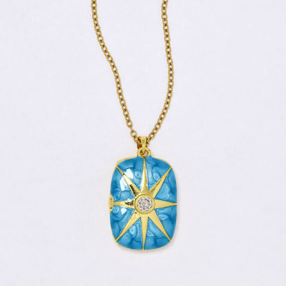 CZYN7302 - Premium brass 45cm + 5cm CZ & enamel 8 pointed star locket necklace