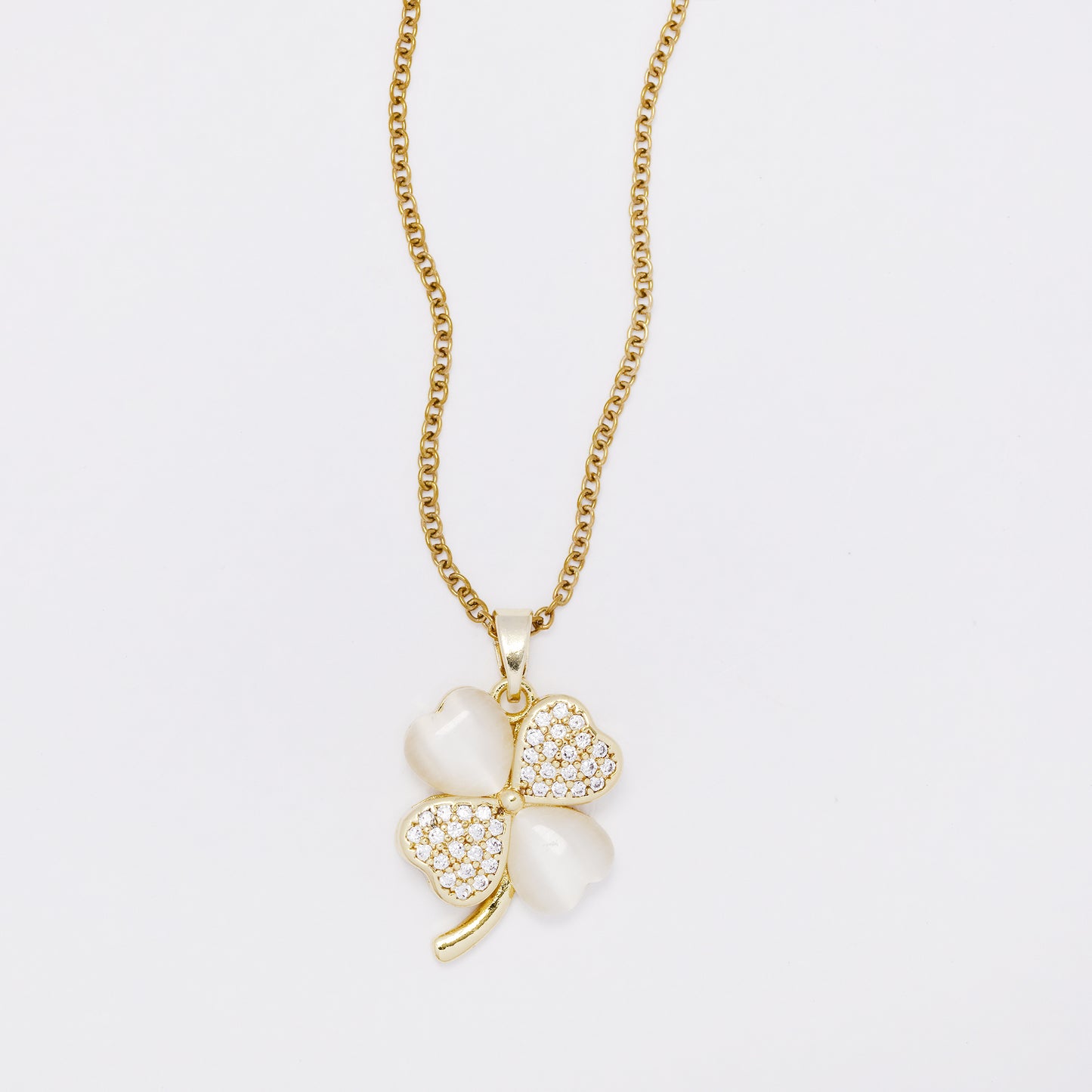 CZYN7392 - Premium brass 40cm + 5cm CZ & immitation catseye four-leaf clover necklace