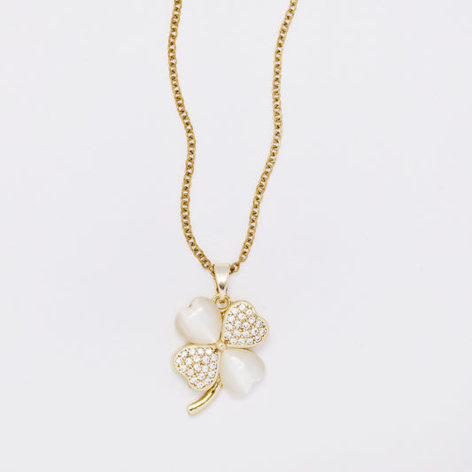 CZYN7392 - Premium brass 40cm + 5cm CZ & immitation catseye four-leaf clover necklace