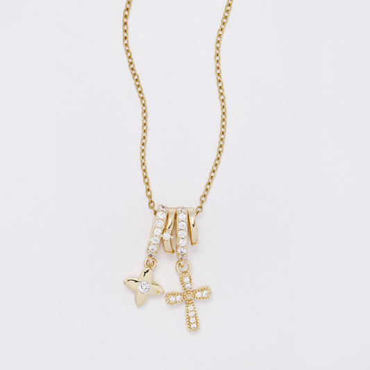CZYN7393 - Premium brass 40cm + 5cm CZ multi ring with flower & cross charm necklace