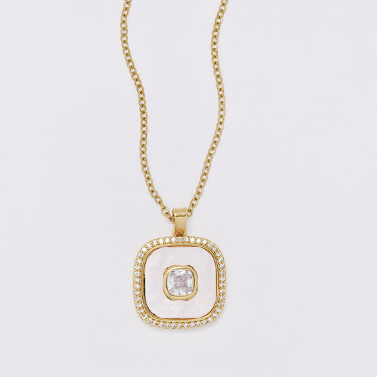 CZYN7395 -Premium brass 40cm + 5cm CZ & enamel square pendant necklace