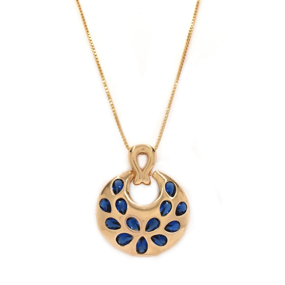 Premium gold plated disc pendant with colour cubic zirconia on a chain