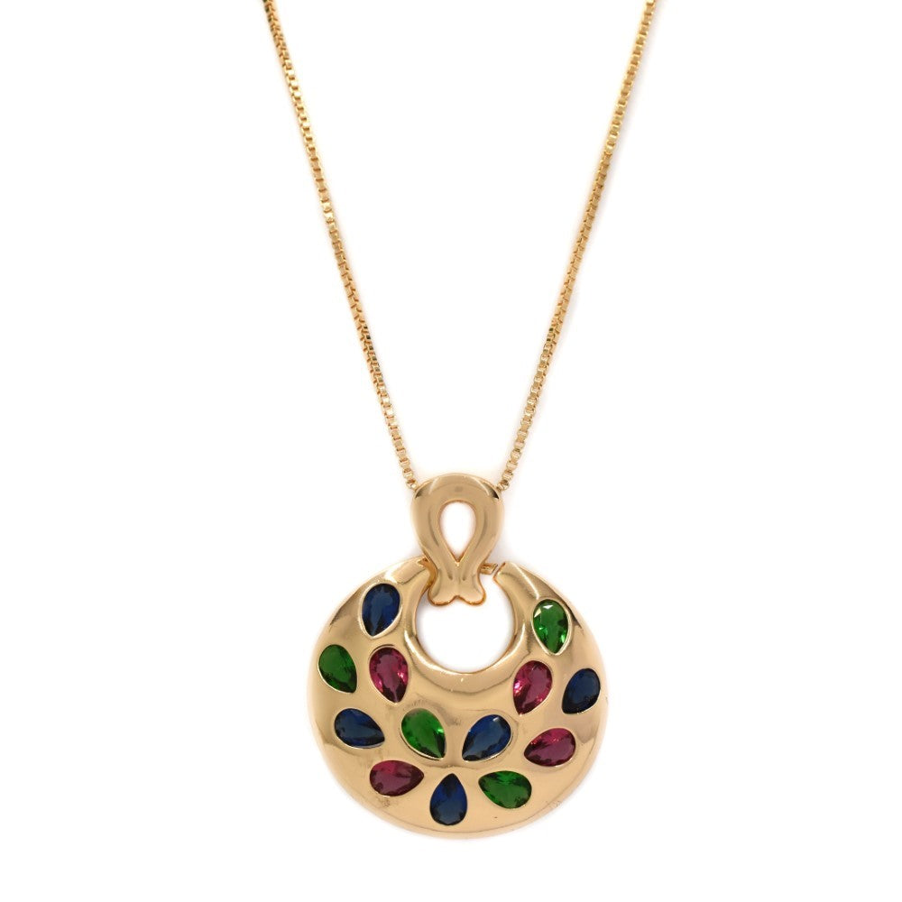 Premium gold plated disc pendant with colour cubic zirconia on a chain