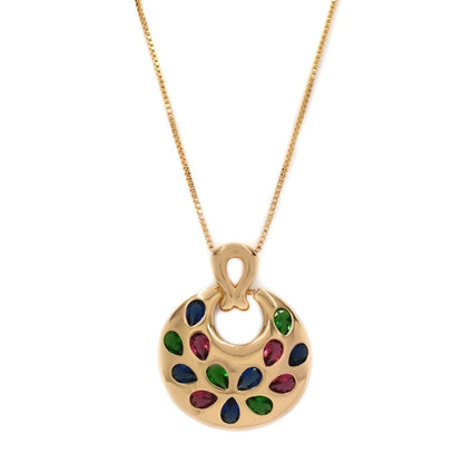 Premium gold plated disc pendant with colour cubic zirconia on a chain