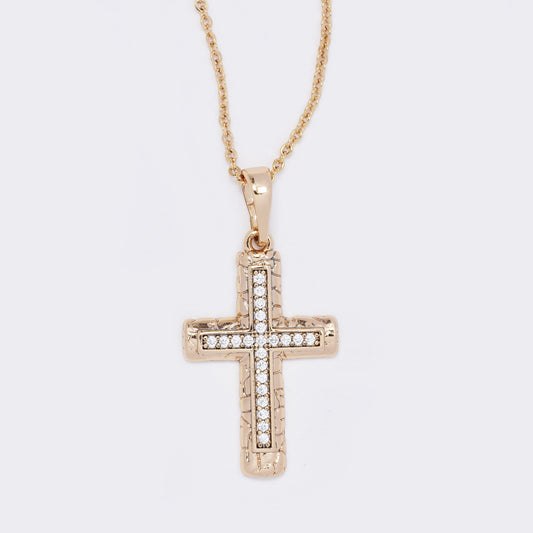 Rose gold CZ textured cross necklace - CZYP5785