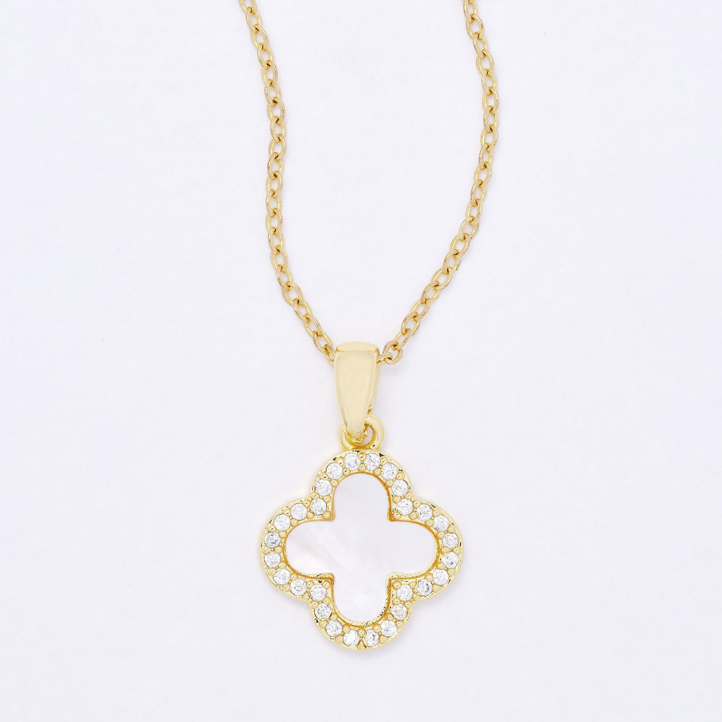 CZYP7485 - Premium brass CZ & shell four-leaf clover necklace