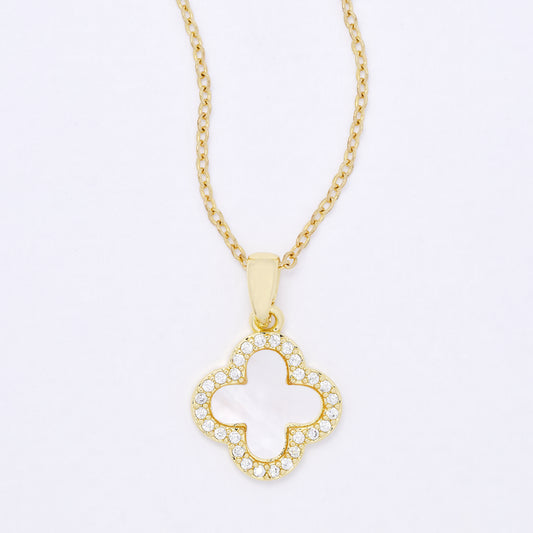 CZYP7485 - Premium brass CZ & shell four-leaf clover necklace