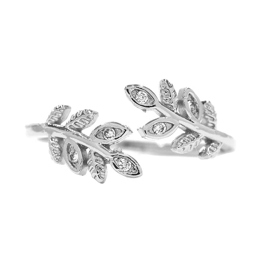 CZYR1021-S - Premium brass cubic zirconia free size fern leaf ring - CZYR1021