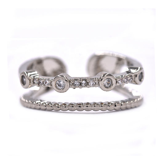 CZYR1023 - Premium brass cubic zirconia silver plated round double row adjustable ring
