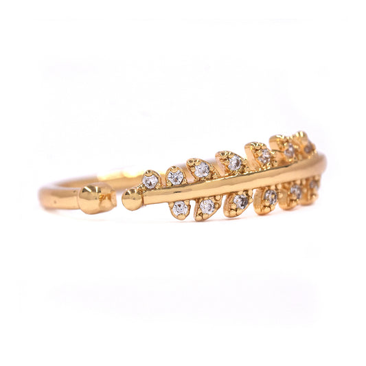 CZYR1029 - Premium brass gold plated Cubic Zirconia leaf free size ring
