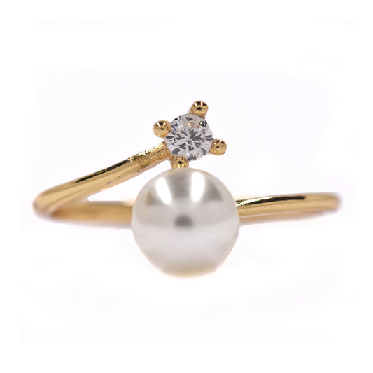 CZYR1036 - Premium brass pearl and cubic zirconia free size ring
