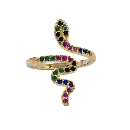 CZYR3698 - Premium brass multi colour cubic zirconia snake free size gold ring